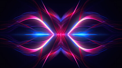 Symmetry 3d render, abstract minimal neon background, pink blue neon lines going up, glowing in ultraviolet spectrum. Cyber space. Laser show. Futuristic wallpaper