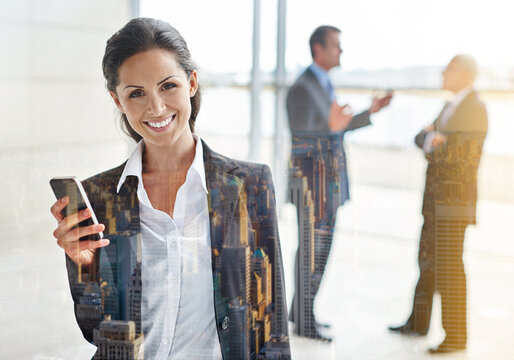 Phone, portrait and business woman with double exposure of city for corporate networking and online chat. Cellphone, happy news and social media on mobile with professional person in office overlay