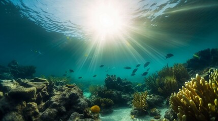 Scenic view of under water, sea bottom, with corals, sea weeds and fishes, ai generated