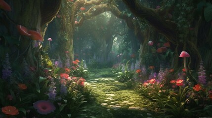 Naklejka premium Magical fantasy wood, large treest and dark colors, ai generated