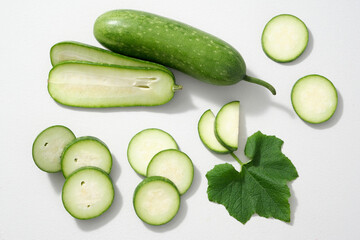 Top view, creative flat lay shot of winter melon slices and leaf decorated on white background. Parts of winter melon as: skin, flesh, seeds, leaves and flowers can all be used for food and medicine.