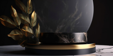 Podium made of black marble with gold, pedestal or platform. Advertising scene. Blank product stand. Generative AI