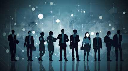Image of modern business people and technology icons silhouettes