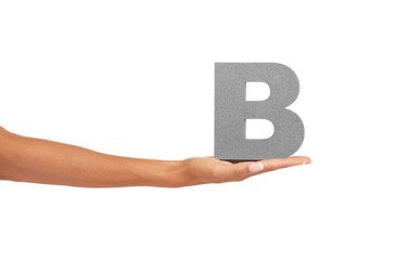 Alphabet, capital letter B and hand in studio for learning font, education and isolated on white...