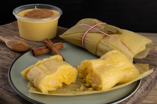 Traditional Brazilian curau and pamonha. Junina party.