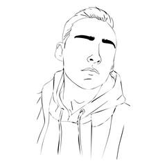 Man face line art style minimal poster illustration. Outline portrait, face and hairstyle drawing, fashion concept, minimalism, modern vector illustration for print, poster, postcard, decor.