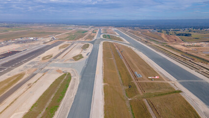 Aerial drone view of the runways at the construction site of the new Western Sydney International...