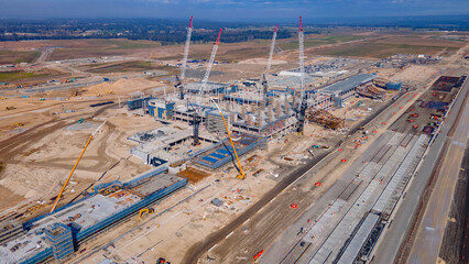 Aerial drone view of the construction site of the new International Airport at Badgerys Creek in Western Sydney, NSW, Australia in June 2023  