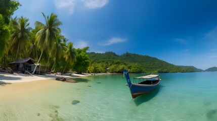 Fototapeta na wymiar tropical paradise beach with boat near house on the white sand and coco palms travel tourism wide panorama background concept. Generative AI