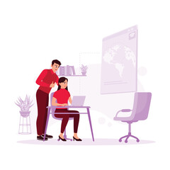 Happy man and woman surfing the internet on a laptop. Learn new things with advances in technology, modern trend vector flat illustration.