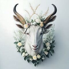 Portrait of a white goat with flowers, created with Generative AI.