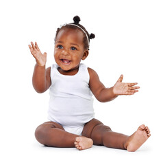 Baby, girl and smile with infant, excited and cheerful isolated against a white studio background....