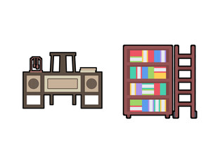 Reading books flat composition with library interior bookcases shelves and table with lamp  png format