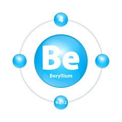 Beryllium (Be) Icon structure chemical element round shape circle light blue with surround ring. Period number shows of energy levels of electron. Study science for education. 3D Illustration vector.