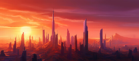 Fototapeta na wymiar Panoramic cityscape in cyberpunk futuristic style. Towering skyscrapers in neon retrowave colors. Generative AI