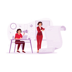 Two female workers in the office, one of them sits at a table with a laptop in front and shouts into a magazine. The other worker holds a paper and starts explaining. Trend Modern vector flat illustra