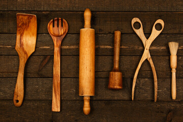 Wooden kitchen utensils on the table