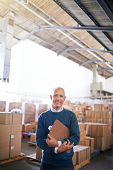 Manager, smile and portrait of man in warehouse for cargo, storage and shipping. Distribution,...
