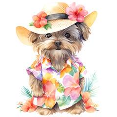 Adorable yorkshire terrier with hat, floral shirt and flowers - Watercolor illustration isolated - Generative AI