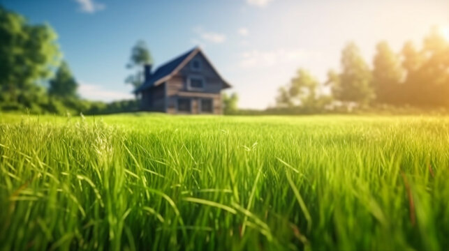Land scape image of Extensive lawn and house, the sun on the horizon. Generative Ai