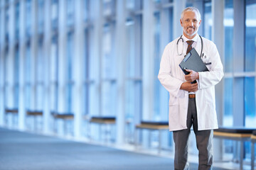 Fototapeta premium Portrait, senior man and doctor with a document, hospital and file with a smile, information and healthcare. Face, mature male person and medical professional with paperwork, research and career