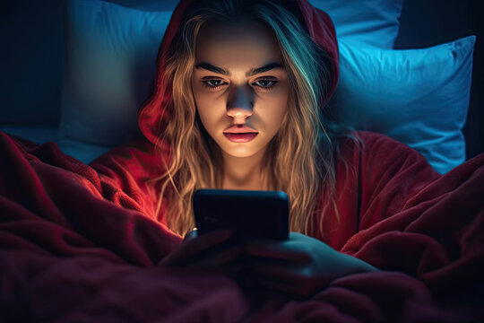 Life Apathy. Unmotivated Young Woman In Bed Staring At Smartphone Screen, Suffer From Sleep Desorder, Generative AI