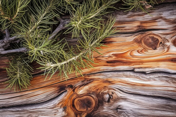 Juniper tree, close-up of wooden plank, wooden texture, plants background, Generative AI