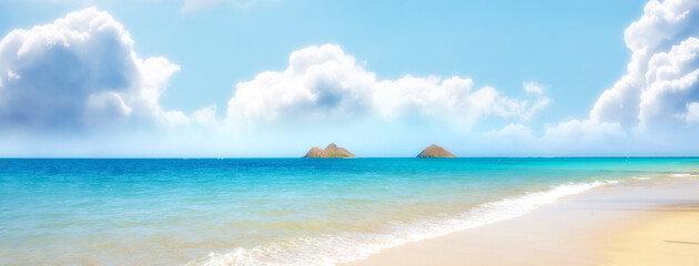 Water, beach and ocean landscape with clouds in the sky or travel to a tropical paradise, dream...