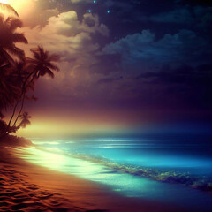Fototapeta na wymiar Colorful tropical beach summer night, palm trees, calm surf and distant clouds