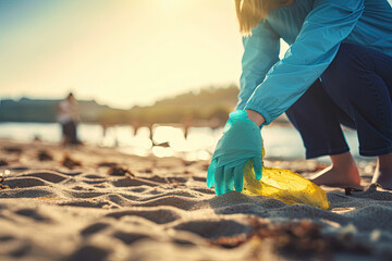 Environmental pollution. Volunteer in protective gloves picks up a plastic bottle on the beach. Close up of hand. Low angle view. Copy space. The concept of cleaning the coastal zone, Generative AI