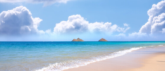 Beach, water and ocean landscape with clouds in the sky or travel to a tropical paradise, dream...