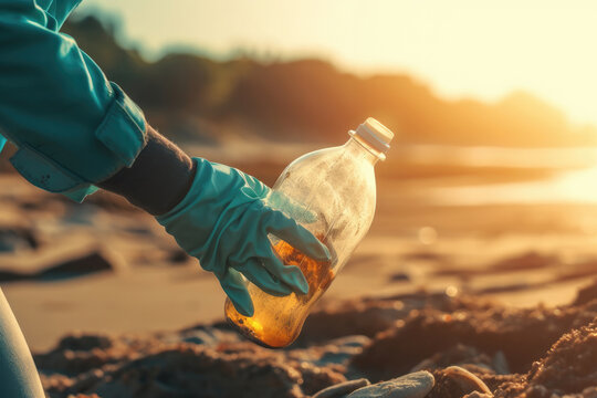 Environmental pollution. Volunteer in protective gloves picks up a plastic bottle on the beach. Close up of hand. Low angle view. Copy space. The concept of cleaning the coastal zone, Generative AI