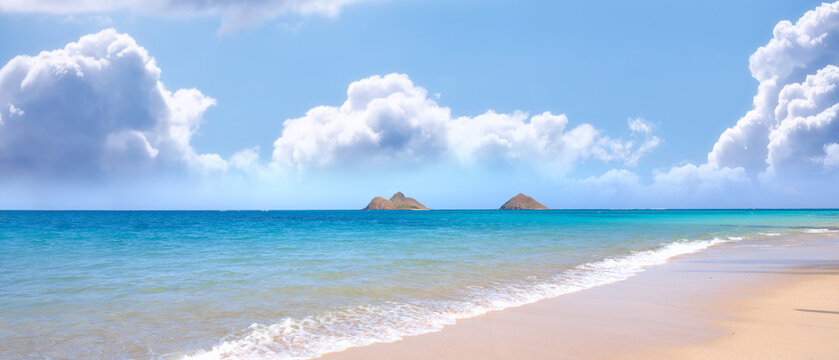 Beach, water and ocean landscape with clouds in the sky or travel to a tropical paradise, dream vacation or island holiday, Hawaii, summer wallpaper and relax in nature, sun and blue sea waves