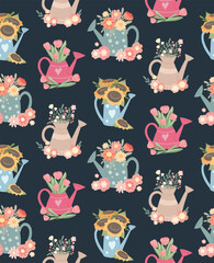 Vector summer pattern with watering cans and bouquets of flowers on a dark background. Horticultural texture with floral arrangements © veleri_kz