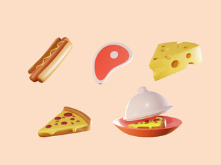 3d illustration of savory delicious food with editable background including pizza cheese hotdog