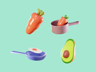 A collection of 3d illustration of healthy food