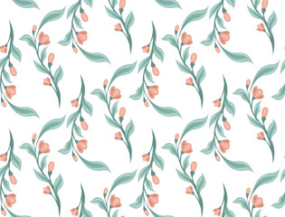 Rustic floral vector pattern. Seamless flat texture with simple hand drawn stems and flowers on a white background