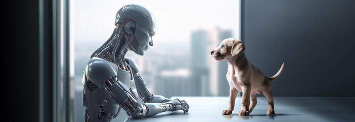 Fototapeta na wymiar AI Technology Concepts. a Robot and a Puppy Dog Looking each other. Real Animal and Humanoid. How the Machine Learning Learn for Deep Mind and Mental. AI Feed a Dog. AI generative