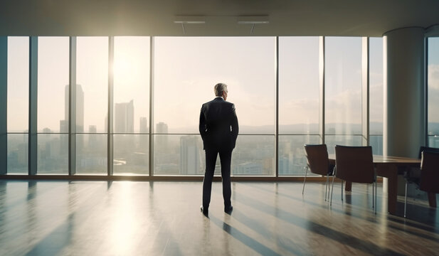 Business Vision, Leadership Concept. Businessman Standing in Office Building, Looking Forward to Cityscape oustside. Meaning for Start, Success, Ambition or setting Goal. AI generative