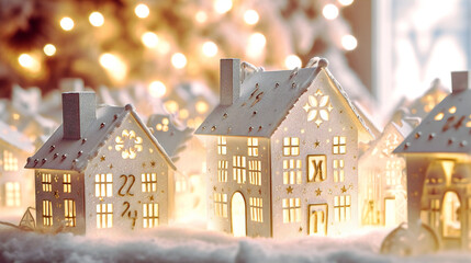 christmas night landscape with white houses - generative AI, KI - obrazy, fototapety, plakaty