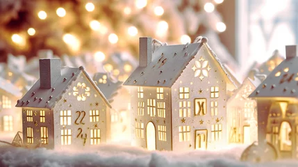 Foto auf Acrylglas christmas night landscape with white houses - generative AI, KI © Zanni