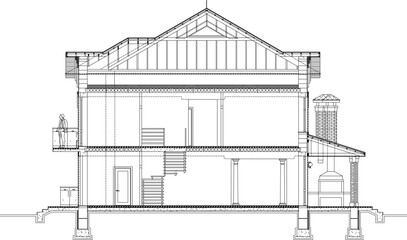 Vector illustration sketch of a classic vintage haunted old house section with wide roof and made of bricks