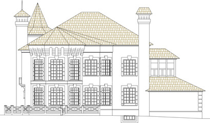 Obraz premium Vector illustration sketch of a vintage classic colonial old palace manor castle with towers and large balconies