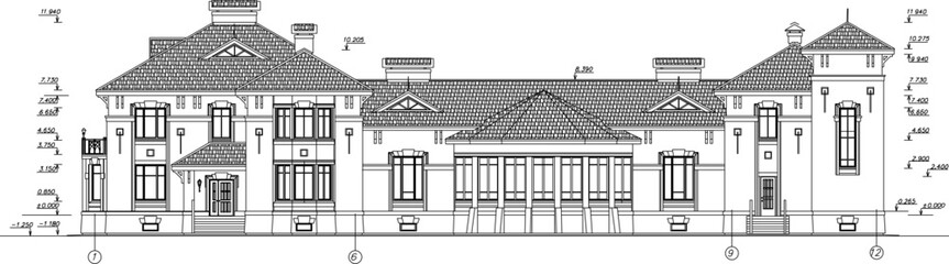 Vector sketch illustration of a classic vintage colonial old house with wide roof with lots of wide windows and balconies with size scale