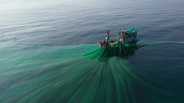 Crew of Fishermen Work on Commercial Fishing Ship that Pulls Trawl Net, Yen island, Phu Yen, Vietnam