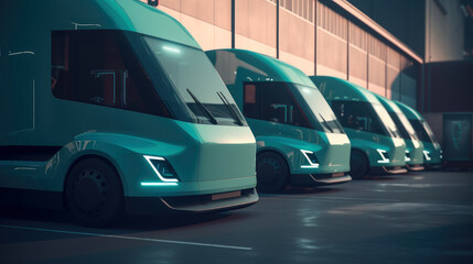Electric trucks parked at the loading dock. Generative AI