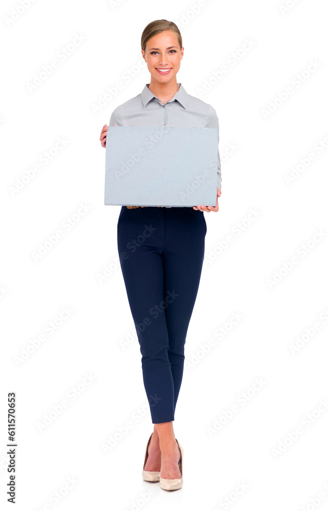 Sticker Business woman, portrait and billboard for advertising or marketing against a white studio background. Isolated happy female person holding sign or poster with smile for advertisement on mockup space