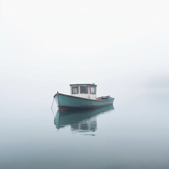 Fototapeta na wymiar 霧がかった湖に浮かぶボート　Generative AI