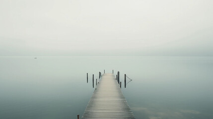 霧がかった湖の桟橋　Generative AI - obrazy, fototapety, plakaty