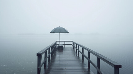 Obraz premium 霧がかった湖の桟橋と傘 Generative AI